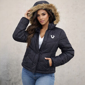 NEW True Religion Fur Trim Jet Black Puffer Jacket Size L MSRP $199